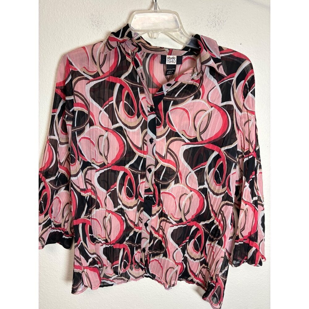 Studio 1940 Sheer Button Up Blouse Business Casual Retro Hippie Granny Sz Large